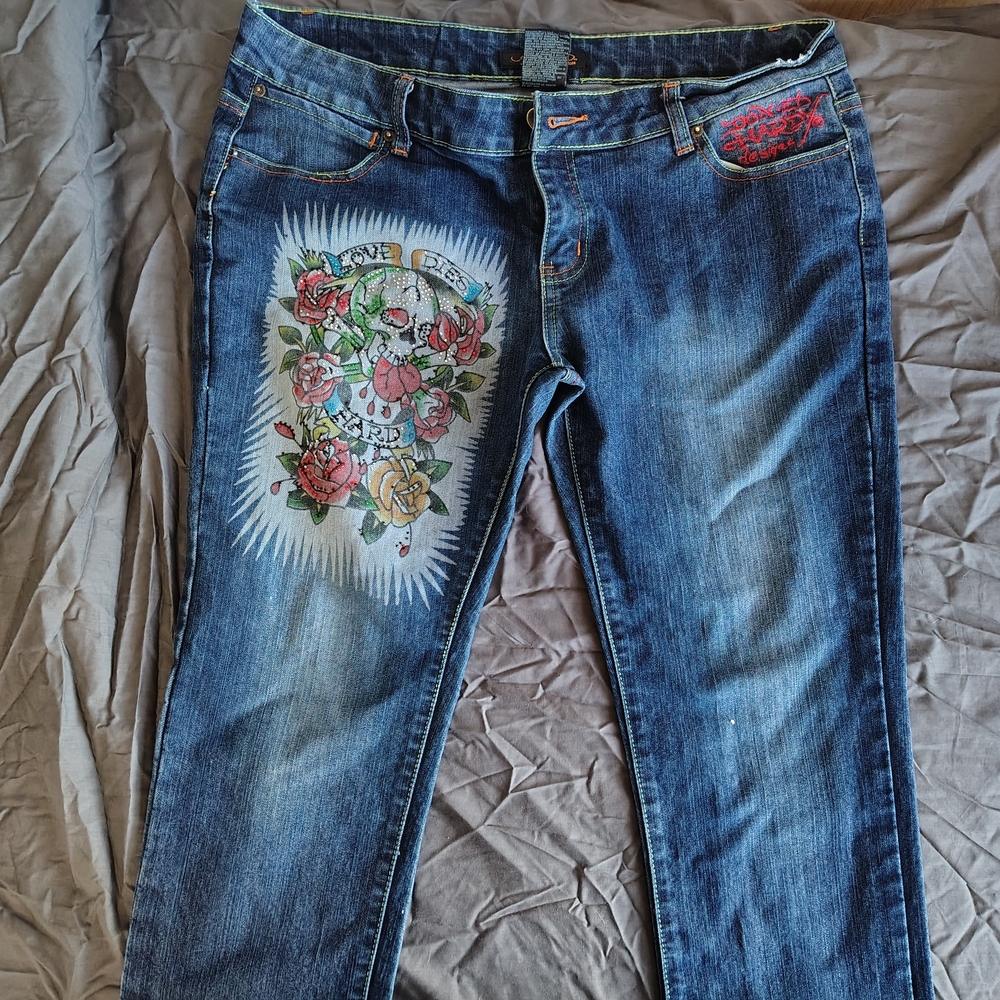 Ed Hardy Blue Jeans with Colorful Skull Embroidery